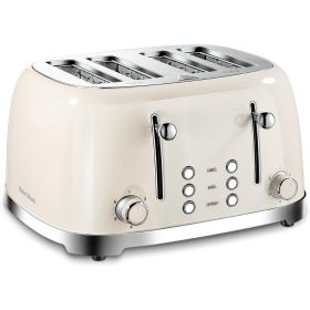 4 Slice Toaster Retro Stainless Steel Toasters with Bagel Defrost Cancel Function, 6 Browning Settings, Extre Wide Slot, Cream