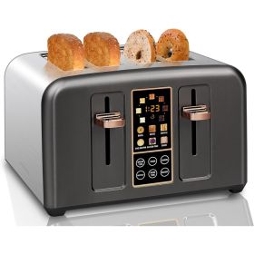 Toaster 4 Slice, Stainless Toaster LCD Display & Touch Button, 6 Bread Selection, 7 Shade Settings, 1800W, Dark Metallic