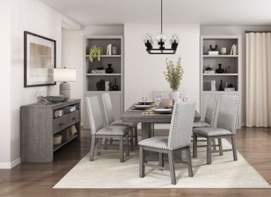 Rustic Design Dining Table 7pc Set Gray Finish Table w Extension leaf and 6x Fabric Upholstered Side Chairs Modern Dining Room Furniture