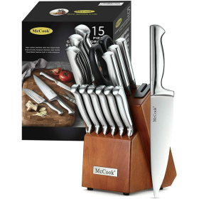 McCook MC29 15-Piece Kitchen Cutlery Knife Block Set Built-in Sharpener Stainless Steel