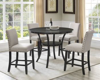 Biony Espresso Wood Counter Height Dining Set with Tan Fabric Nailhead Stools