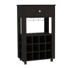 39" H black bar- coffee cart, Kitchen or living room cabinet storage, with 12 bottle racks, a central shelf with 1 Cup holders