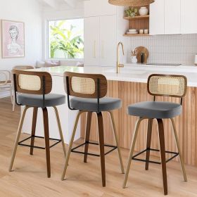 Swivel Counter Height Bar Stools Set of 3,26" Upholstered Faux Leather with Back,Bar Chair Island Stool for Kitchen Counter,Grey (Color: Rattan Grey)