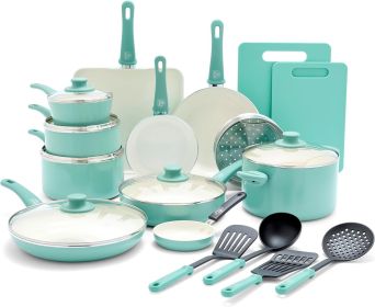 GreenLife Soft Grip Healthy Ceramic Nonstick 23 Piece Kitchen Cookware Pots and Frying Sauce Saute Pans Set with Kitchen Utensil (Color: Turquoise 23pc)