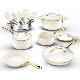 15 Pcs Ceramic Pots & Pans Set Non Stick, Ceramic Kitchen Cookware Sets, Non Toxic Cookware Set, Dishwasher Safe, Cream White (Color: Cream White and Gold)