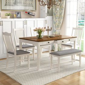 Wood Dining Table Set, 6-Piece,Upholstered Chairs and Bench, Kitchen Table and Chairs for Dining Room, Living Room, Antique Blue (Color: Butter Milk)