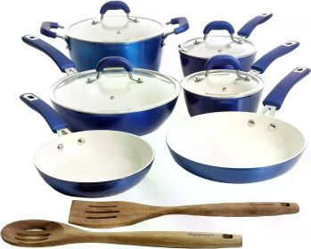 Nonstick Ceramic Coated Forged Aluminum Induction Cookware with Bakelite Handles, 12-Piece Set, Blue, Dishwasher safe (Color: Metallic Blue)